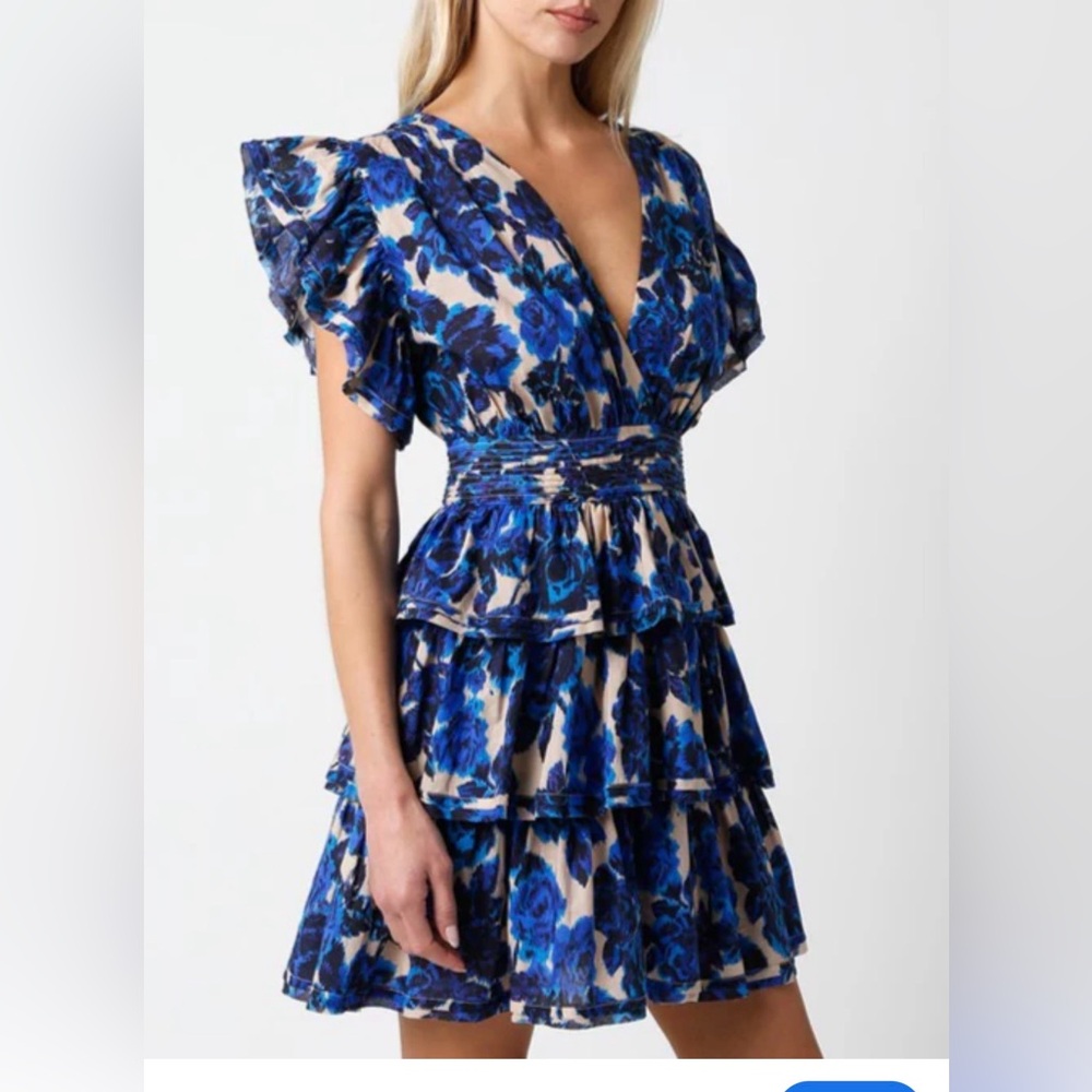 Chic Blue Floral Ruffle Midi Dress